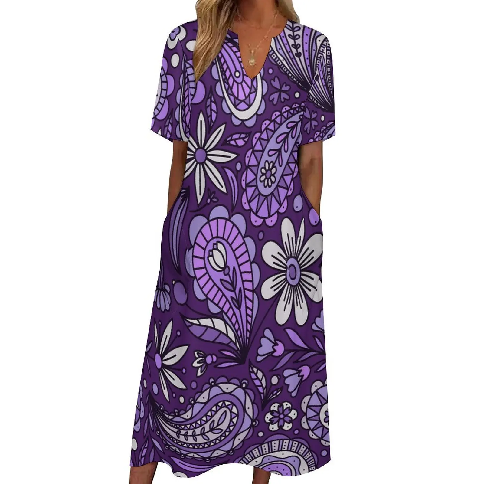 Boho Paisley Dress White And Purple Cute Maxi Dress Estetyczne Casualowe Długie Sukienki Letnie V Szyja Wzór Vestidos 3XL 4XL 5XL