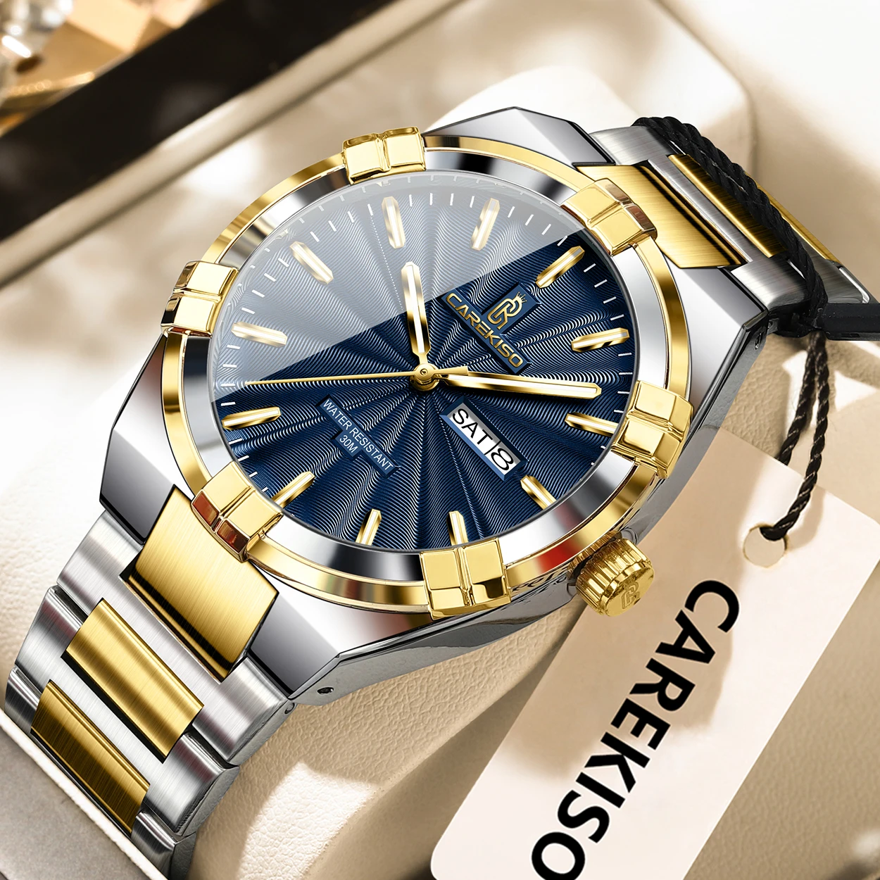 CAREKISO Military Business Men Clock Date Week Waterproof Luminous Quartz Man Wristwatch Stainless Steel Men's Watches Reloj+Box