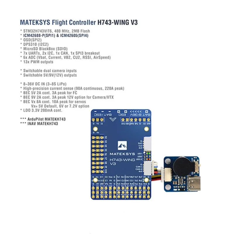 WOJO Matek H743-WING V3 STM32H743VIT6 Built-in OSD Support Dual Camera INAV Flight Controller H743 Wing V3 for RC FPV Airplane