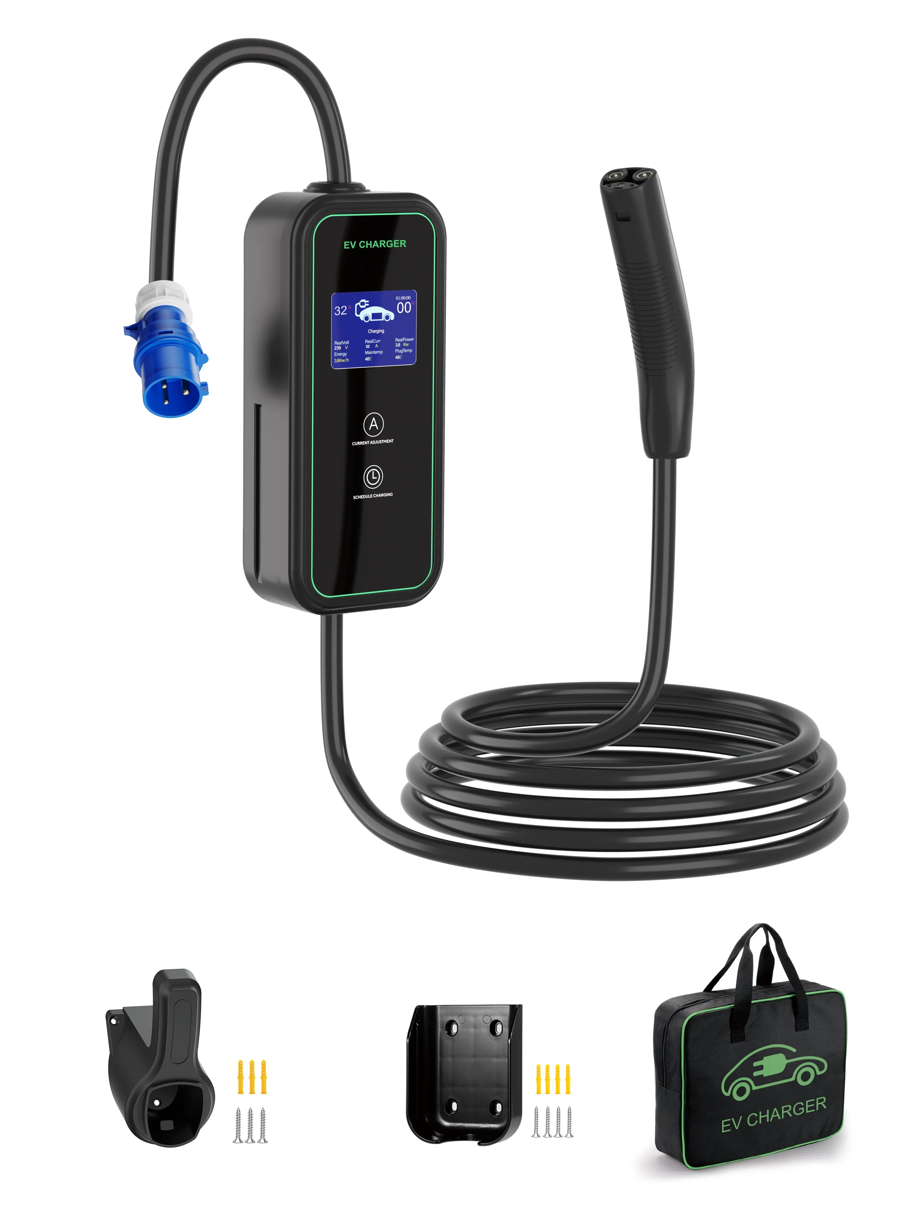 Model A01 Adjustable 7kW 32A Portable EV Charger with Multi-Plug, Suitable for Home & Travel Charging