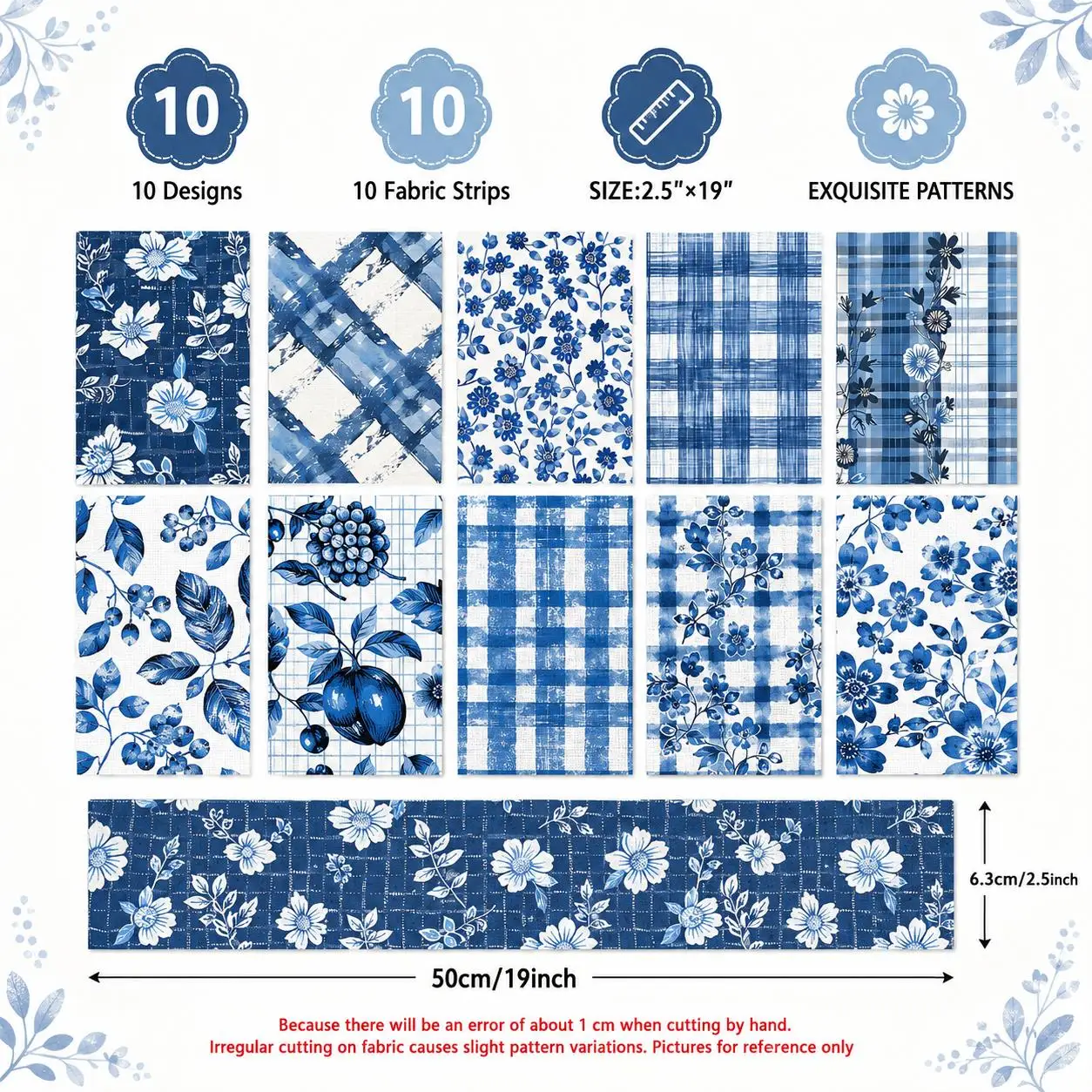 10pcs Vintage Floral Plaid Jelly Roll Fabric Strips 2.5X19.7inch Pre-cut 100% Polyester for Patchwork Quilts, Table Runners