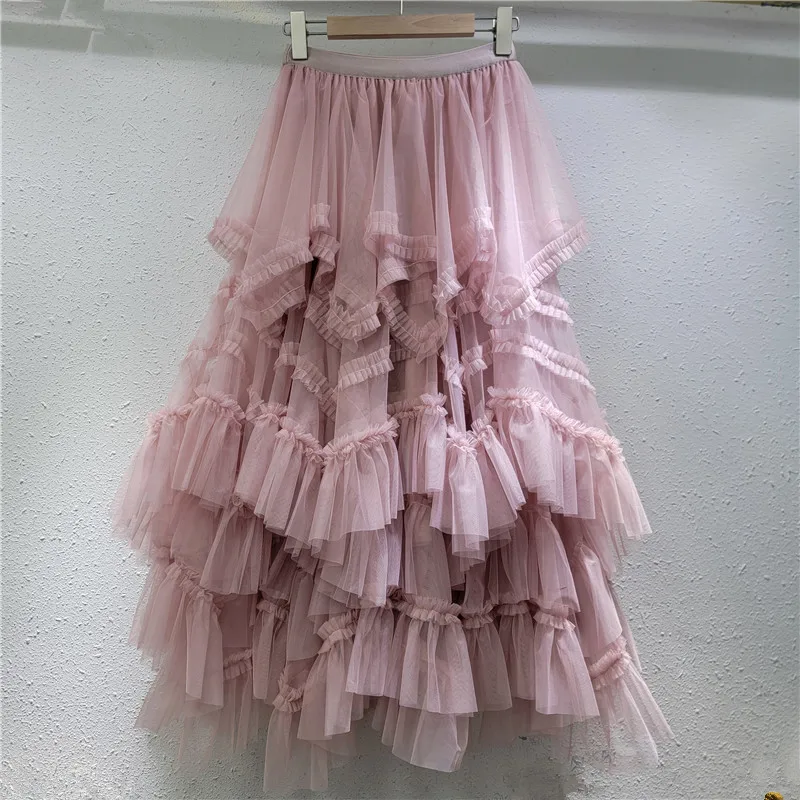 

Clothland Women Sweet Ruffled Ball Gown Mesh Skirt Elastic Waist Asymmetrical A Line Female Chic Long Skirts BA363