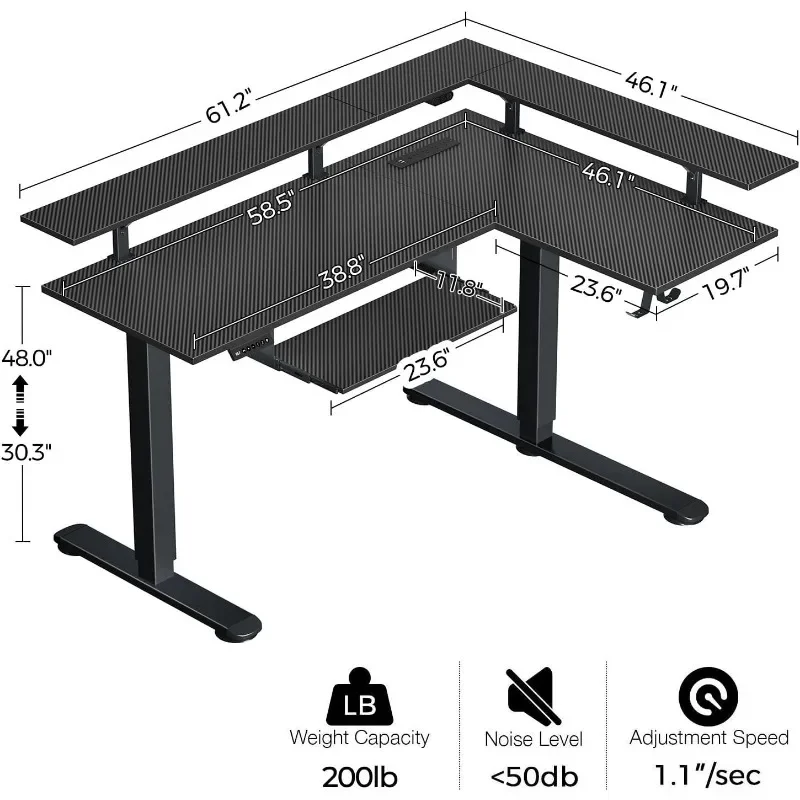 L-shaped Standing Desk with LED Lights and Power Outlets, Dual Motor Height Adjustable, Monitor Stand and Keyboard Tray