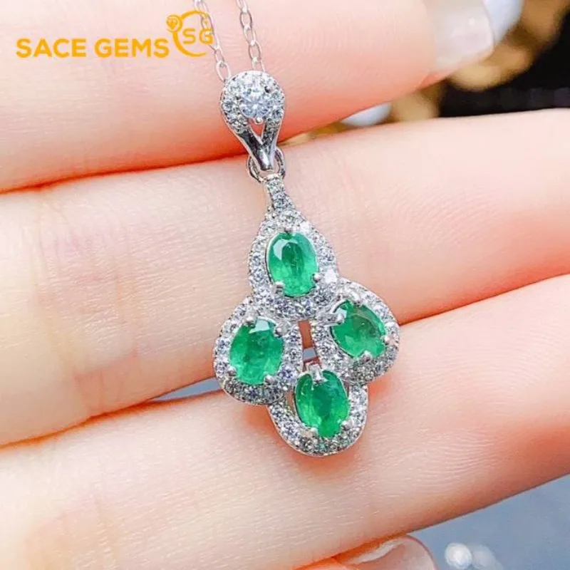 

SACE GEMS 925 Sterling Silver Certified 3*4MM Natual Emerald Pendant Necklaces for Womne Engagement Cocktail Party Fine Jewelry