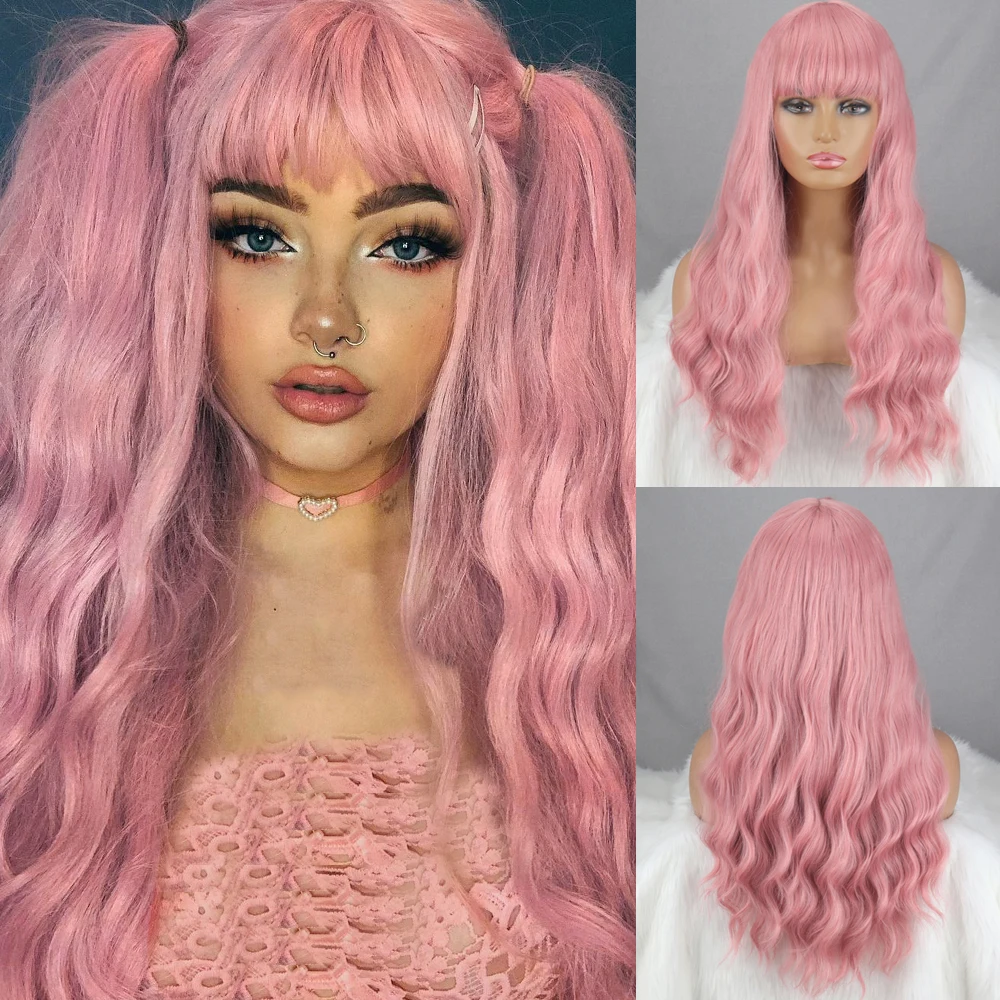 Long Pink Synthetic Wig with Bangs Synthetic for Women Heat Resistant Wavy Colored Pastel for Cosplay Party