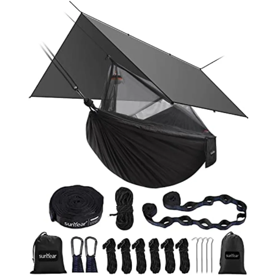 

Hammock Camping with Rain Fly Tarp and Net Portable Camping Hammock Double Tree Hammock Outdoor Indoor Backpacking Travel and S