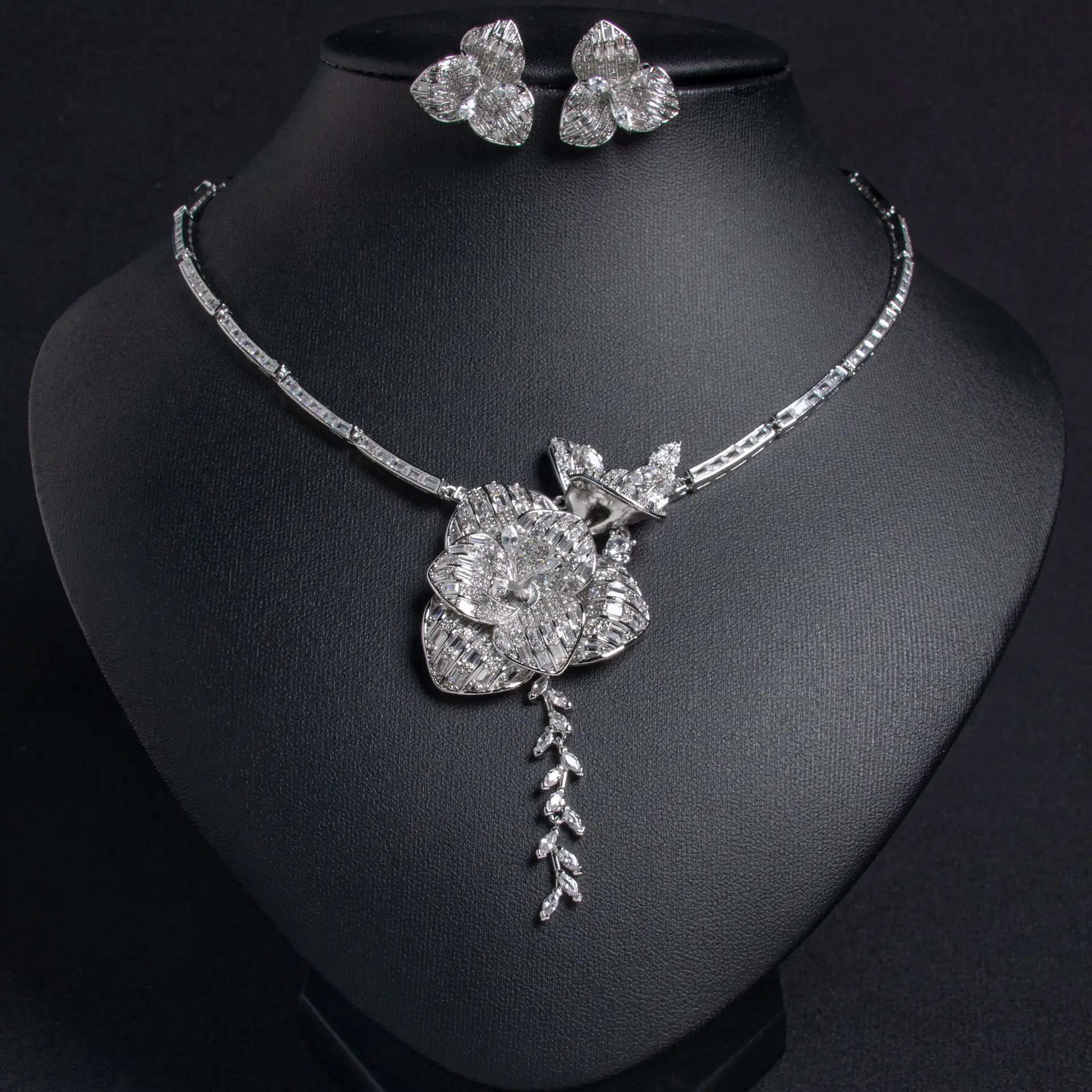 2 peças rosas com zircônia acessórios de joias colar feminino brincos conjunto deslumbrante para coquetel vestido de casamento festa M-102