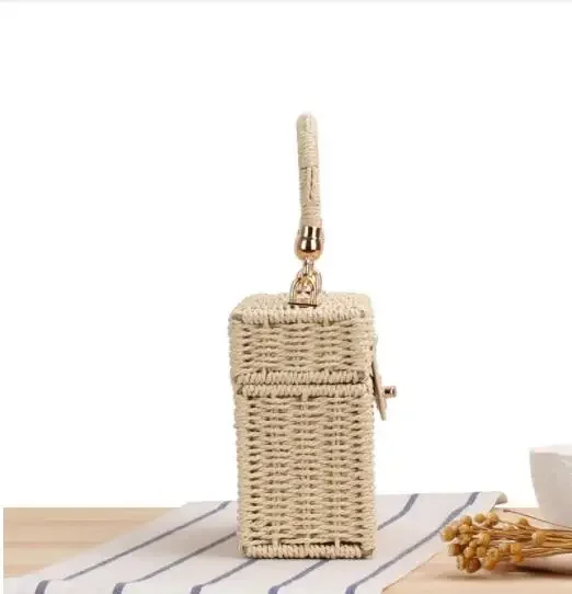 Fashion Square Hand-Woven Rattan Women Handbags with Paper Rope Handle Durable Summer Girl Beach Tote Bag Metal Chain Crossbody