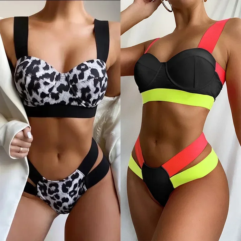 Sexy Bikini Push Up Swimwear Swimsuit Women Leopard Block Color Patchwork Hollow Double Bandages High Waist Bikinis Set Biquinis