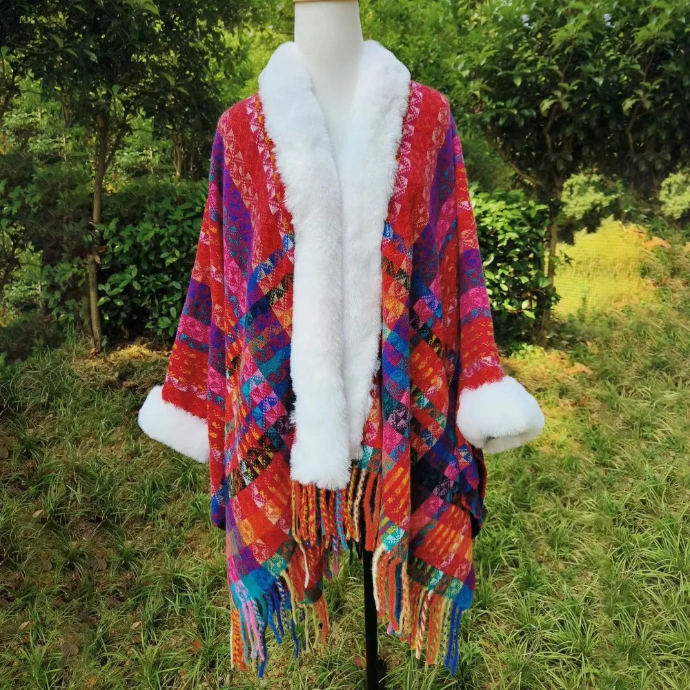 

Зимняя теплая шаль с воротником из искусственного меха, полосатый имитация кашемира, монгольское пончо, кардиган в этническом стиле, шаль с кисточками