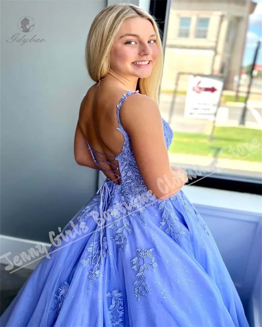 Light Blue Flower Girl Dress With Fluffy Thin Straps Embroidered Long Backless Sleeveless Children's Party Dress