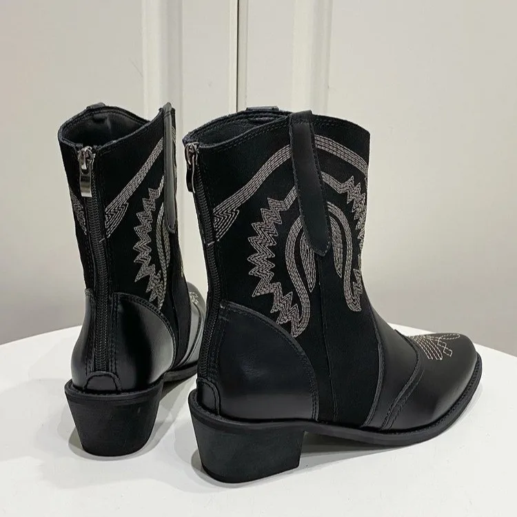 Autumn New Luxury Woman Mid-calf Boots Trend Pointed Square Heel Slip on Embroidered Western Cowboy Boot for Women Zapatos Mujer