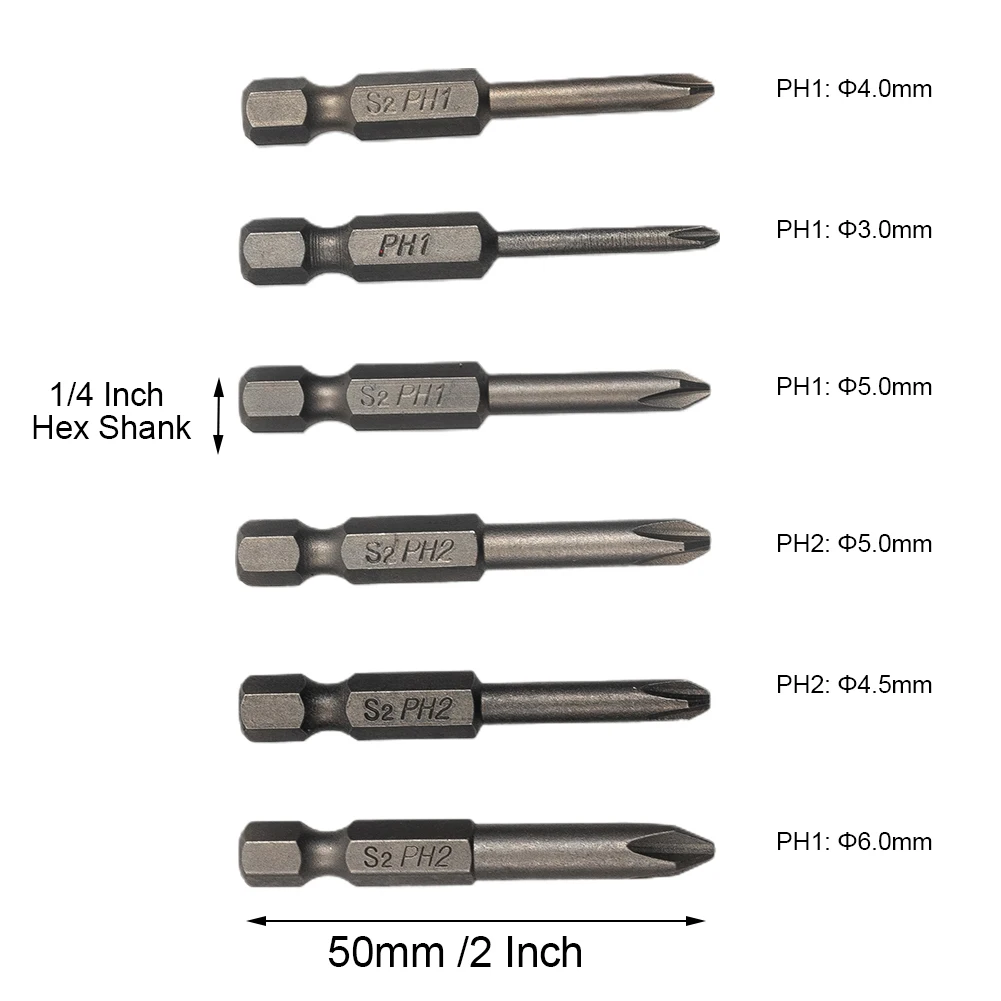 

Heavy Duty 6Pcs Magnetic Hex Cross Head Screwdriver Bit Set, 1/4 Shank, 50mm Length, PH1 and PH2 Sizes, Alloy Steel