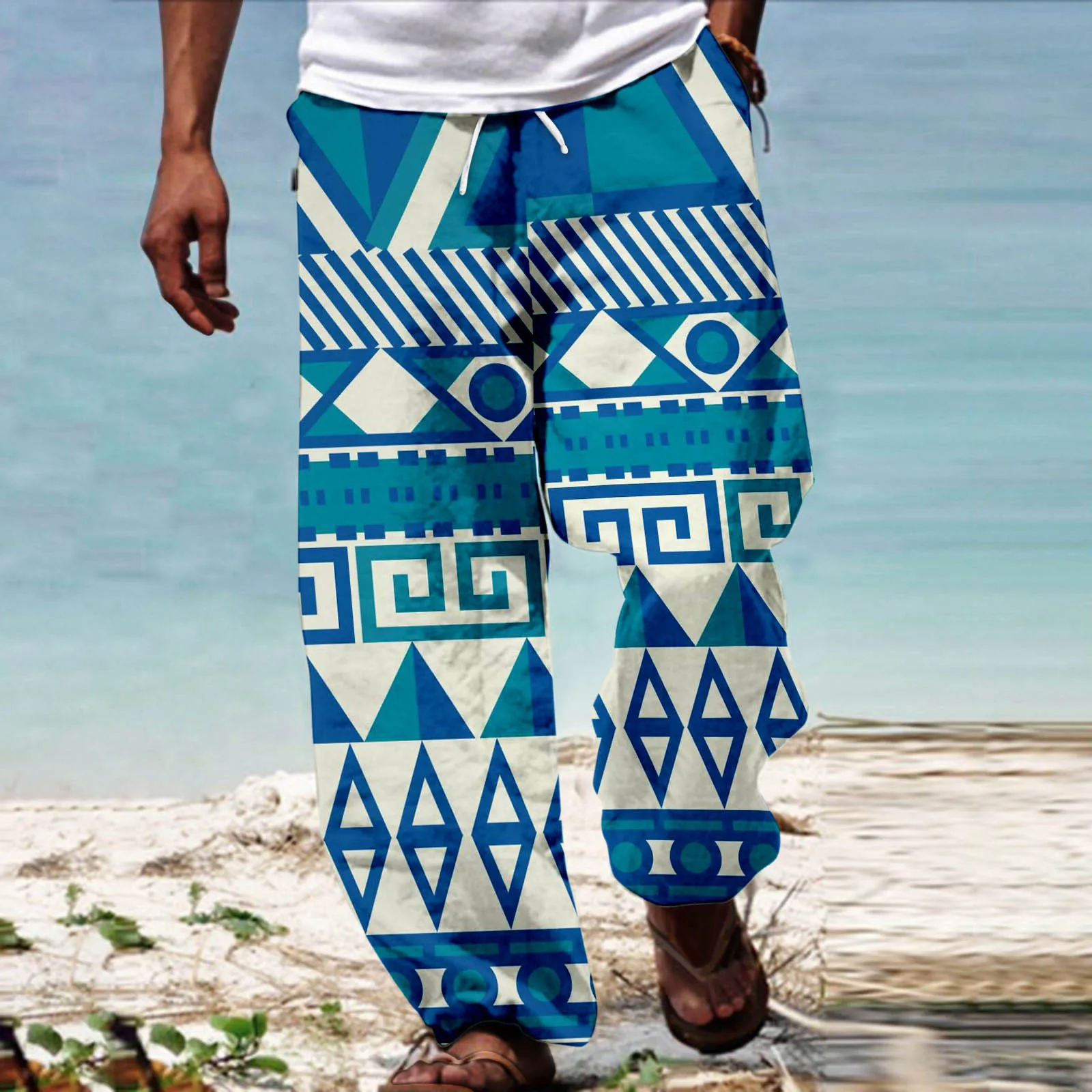 Men's African Dashiki Traditional Style Casual Trouser Summer Hawaii Holiday Ankara Beach Loose  Floral Pants With Pocket