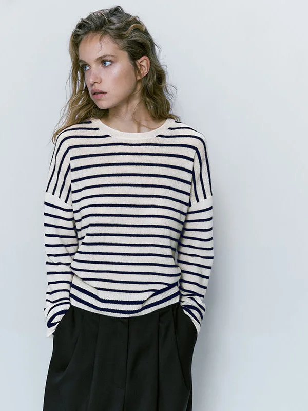 

Spring 2023 MD Women's Knitted Sweater round Ne Mixed Wool Blend Casual Loose Base Layer Striped Commute Sle Long Sve