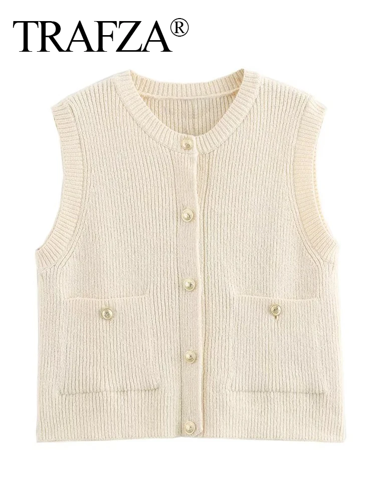 TRAFZA 2024 Vintage Women Solid Knitted Waistcoat Sleeveless Pocket Single Breasted Slim Cardigan Jacket Vest Chic Lady Crop Top