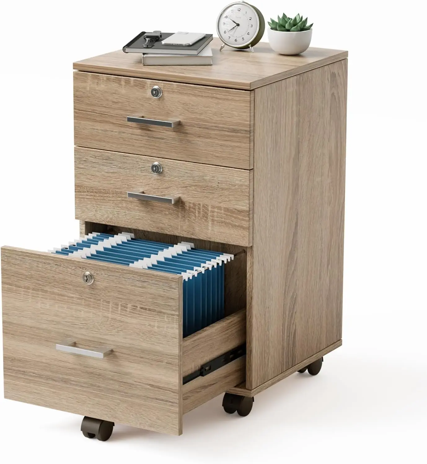 

3-Drawer File Cabinet with Lock, Wood Rolling File Cabinet Under Desk File Cabinets for Home Office, Mobile Printer Stand & Fan