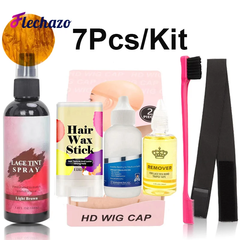 Flechazo 7 Pcs Wig Kit For Lace Front Wigs For Beginners,Lace Tint Spray Lace Wig Glue Hair Wax Stick Elastic Wig Band For Wigs