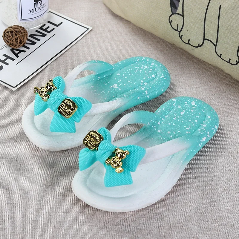 Female Summer Children Thongs Slippers Girl Cartoon Bow Beach Sandls Shoe Parent-child Flip-flops Shoes Student Clip-on Slippers