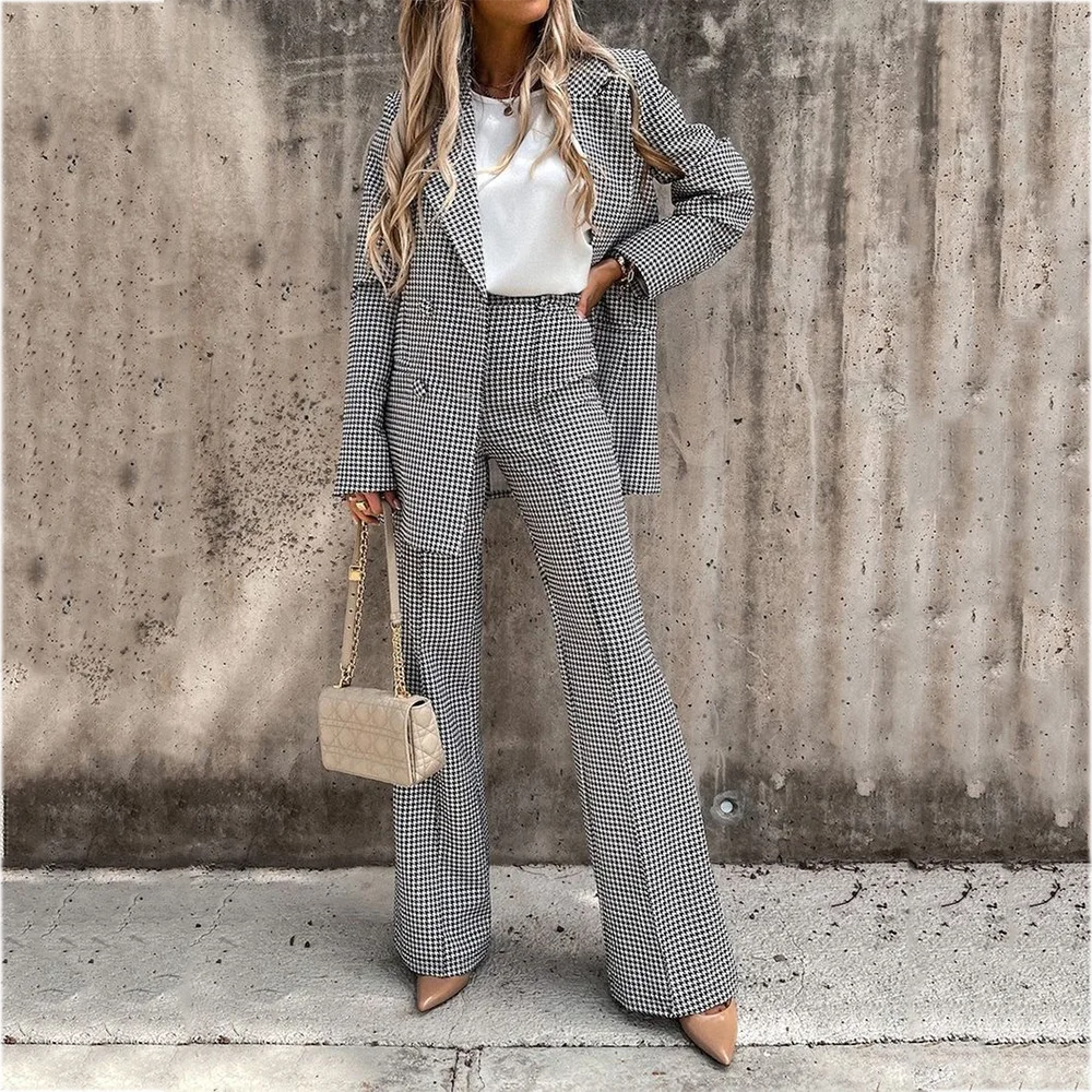 

Modern Fashion Houndstooth Women Suit Two Pieces High Quality Business Casual Peak Lapel Female Outfit Jacket Pants Customized