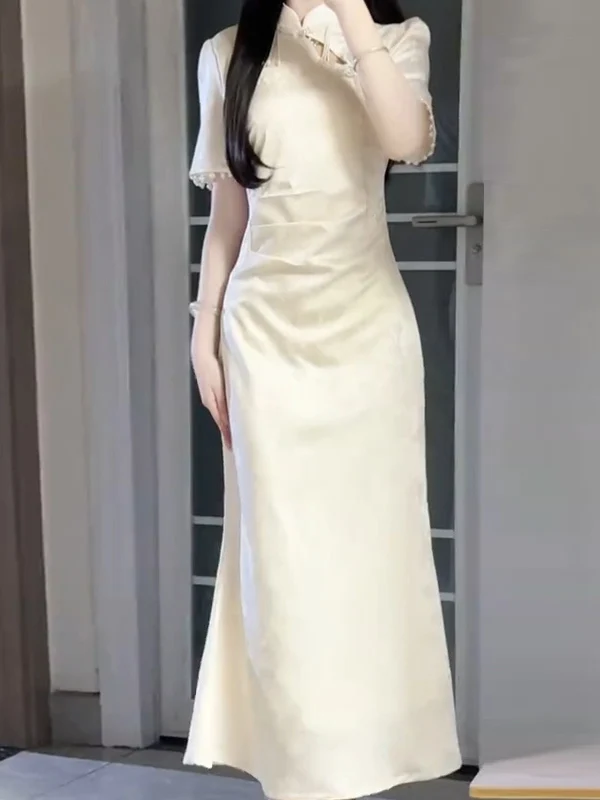 Nuevo Vestido Vintage de Verano 2025 con Borlas Blancas Mejoradas, Estilo Sirena, Color Matcha Mochi, para Niñas