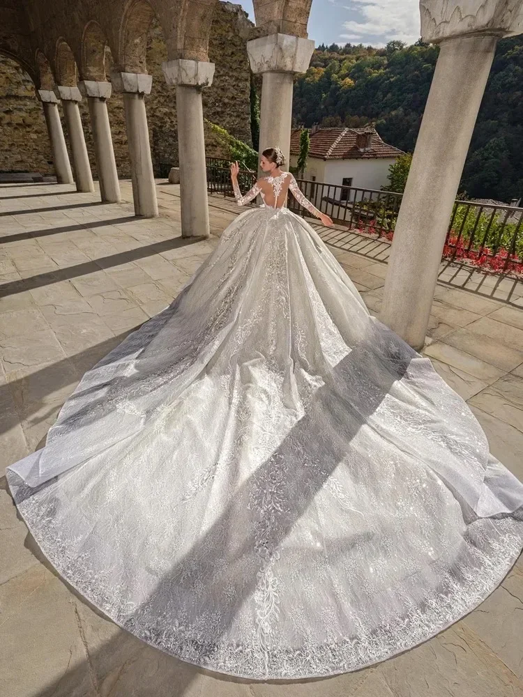 Customized Vintage Puffy Ball Gown Wedding Dress With Lace Appliques O-Neck Full Sleeves Bridal Gowns Vestido De Novia image 4