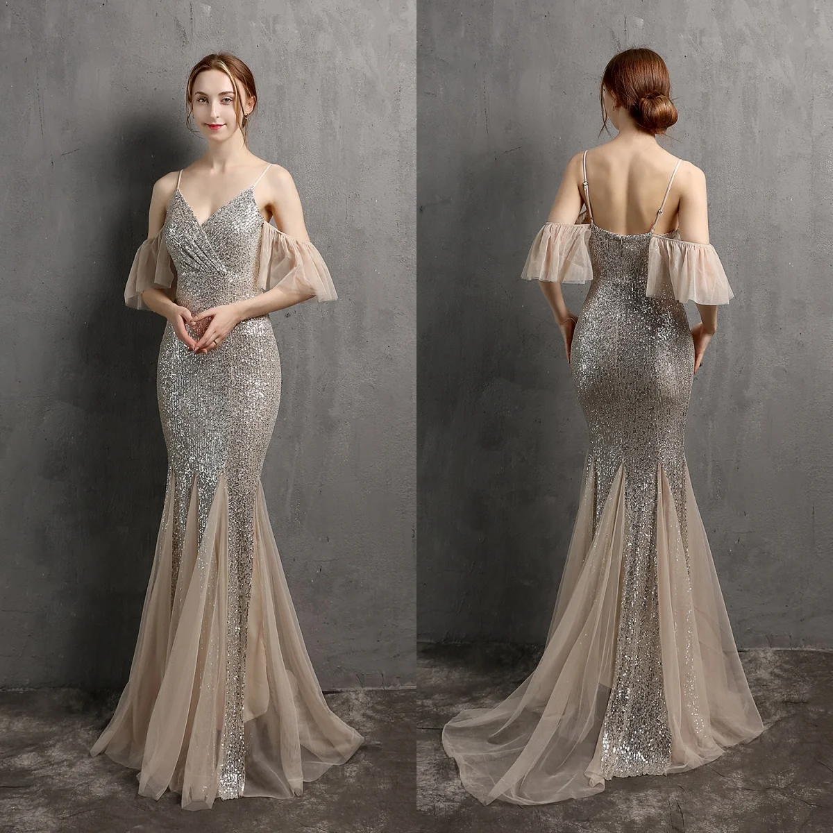 

Evening Dress Champagne Sequins Stretchy Spaghetti Straps Zipper Back Mermaid Trumpet Floor Length Women Party Formal Gown YE166