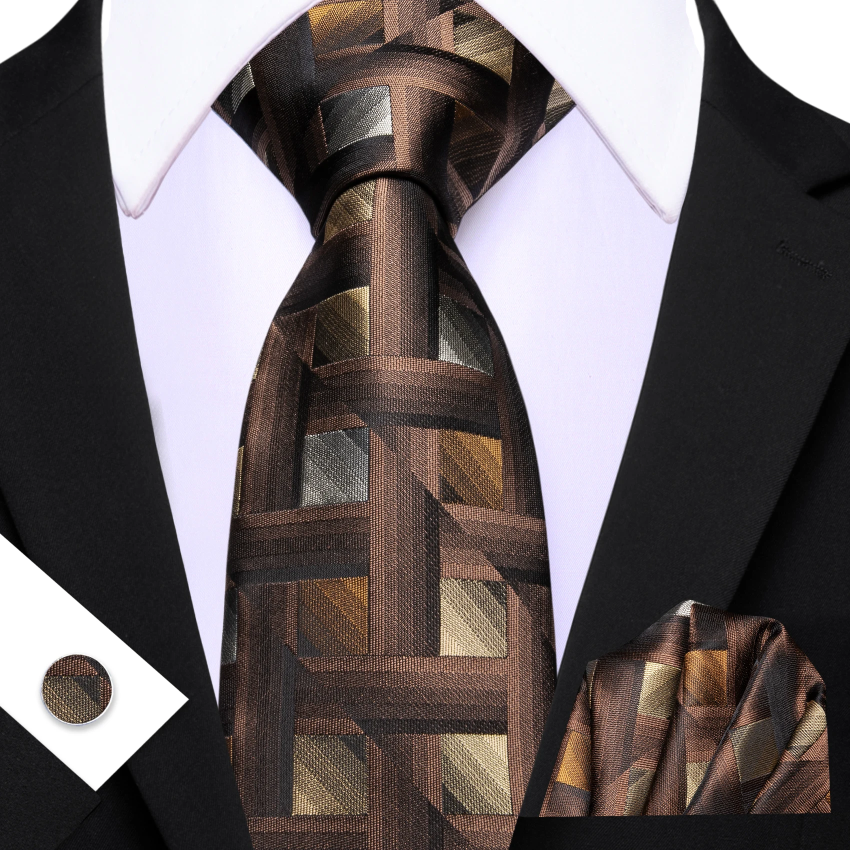 Cravate pour hommes bleu marron marine carreaux floraux cravates Hanky boutons de manchette ensemble de cravate fête de mariage accessoire de mode Vintage