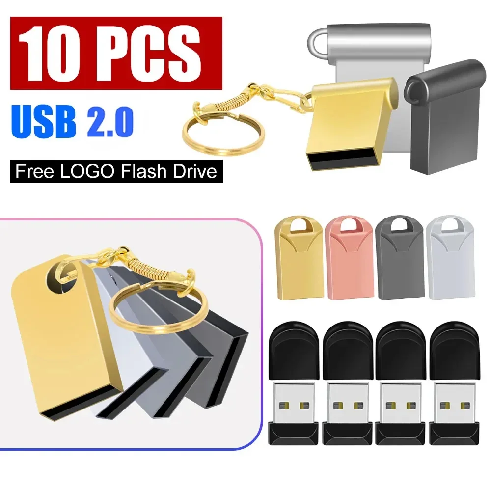 10pcs/lot Mini USB 2.0 Flash Drive 4GB Silver Metal Pendrive 64GB Free Key Chain Memory Stick 32GB Real Capacity U Disk 16GB 8GB