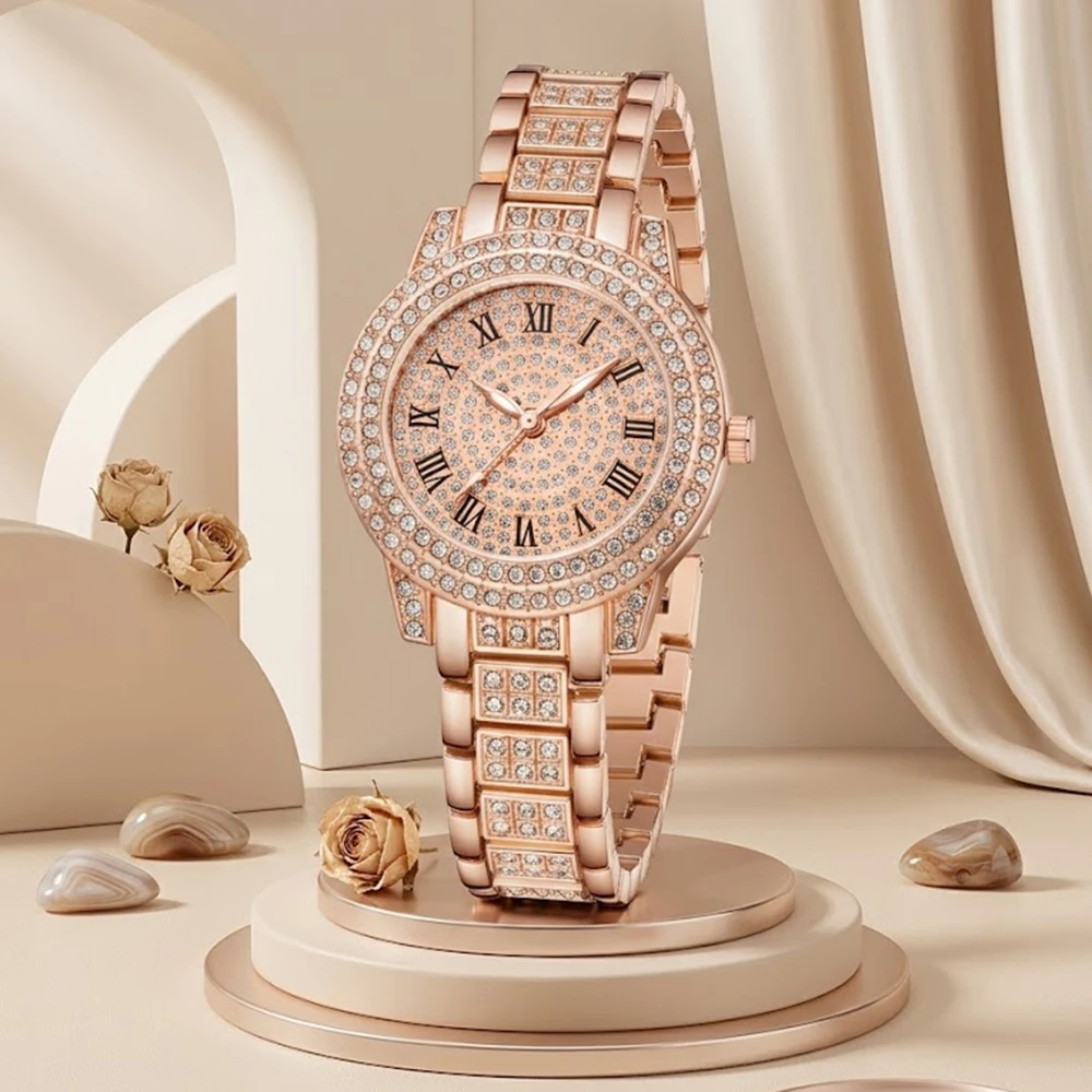 5Pcs/Set Unisex Jewelry Watches Women's Wristwatch Accessories Rose Gold Fashion Business Elegant Classic Exquisite Vintage Light Luxury Rhinestone Luxury Bracelet Watch Set Y2K Suitable for Travel, Vacation, Parties, Daily Outfits, and Our Holiday Gifts