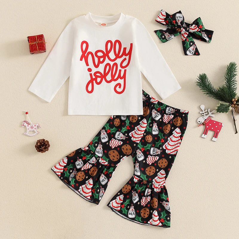 2024-07-02 Lioraitiin Baby Girl 3Pcs Christmas Outfits Long Sleeve Hat/Letter Print Tops + Pants + Headband Set Toddler Clothes