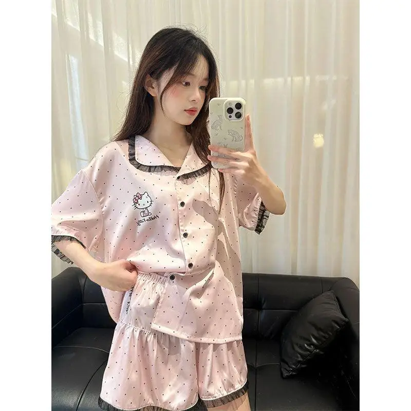 

Sanrio Hello Kitty Ice Silk Women's Pajamas Lapel Long Sleeve Pants Cartoon Two-Piece Set Silk Pajamas Women's Loungewear Set