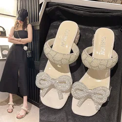 Gentle Bow Tie Thick Heel Sandals for Women 2024 Summer New One Line Transparent Diamond Square Head Open Toe Fairy Women'sShoes