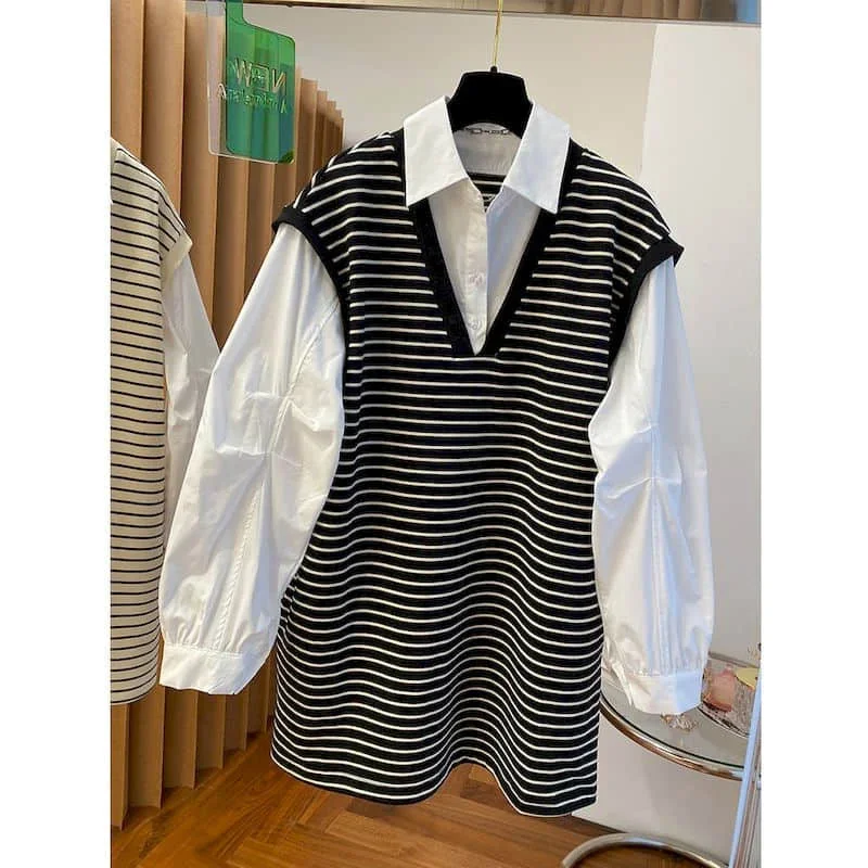 Shirts voor dames Polo-hals Koreaanse stijl Oversized vest Patchwork Nep twee stukken Hoodies Lange mouwen Casual gestreepte damestops