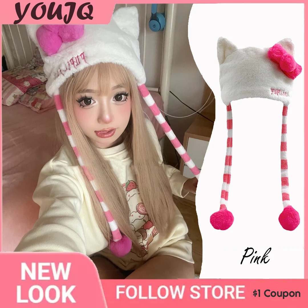 

Y2k Japanese Beanies Hats For Women Handmade Striped Sweetheart Girl Knit Cap Autumn Winter Warm Devil's Cute Cat Ears Caps