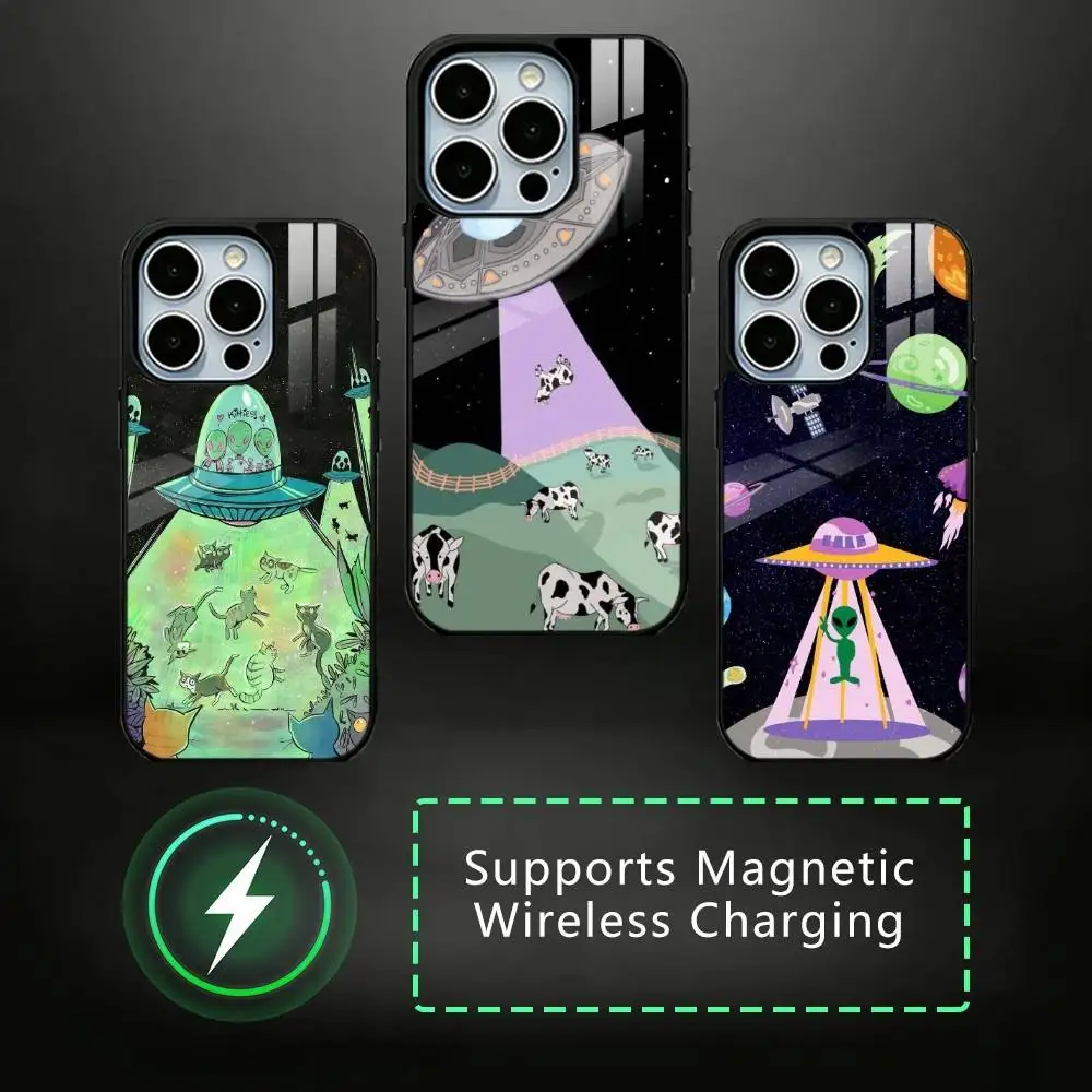 

Funny UFOs and aliens Phone Case For iPhone17,16,15,14,13,12,11 Plus,Pro Compatible with magnetic wireless charging