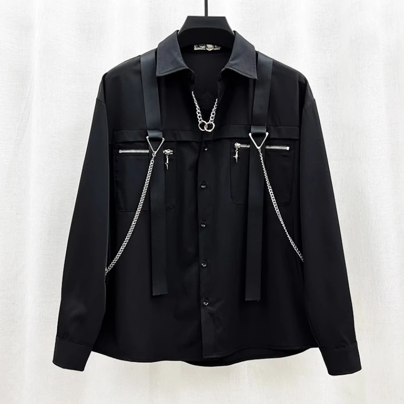 2025 high-end Creative Design Strap Chain Shirt Men's Workwear Loose Long Sleeve Shirt Trendy Motorcycle Streetwear Men Clothing