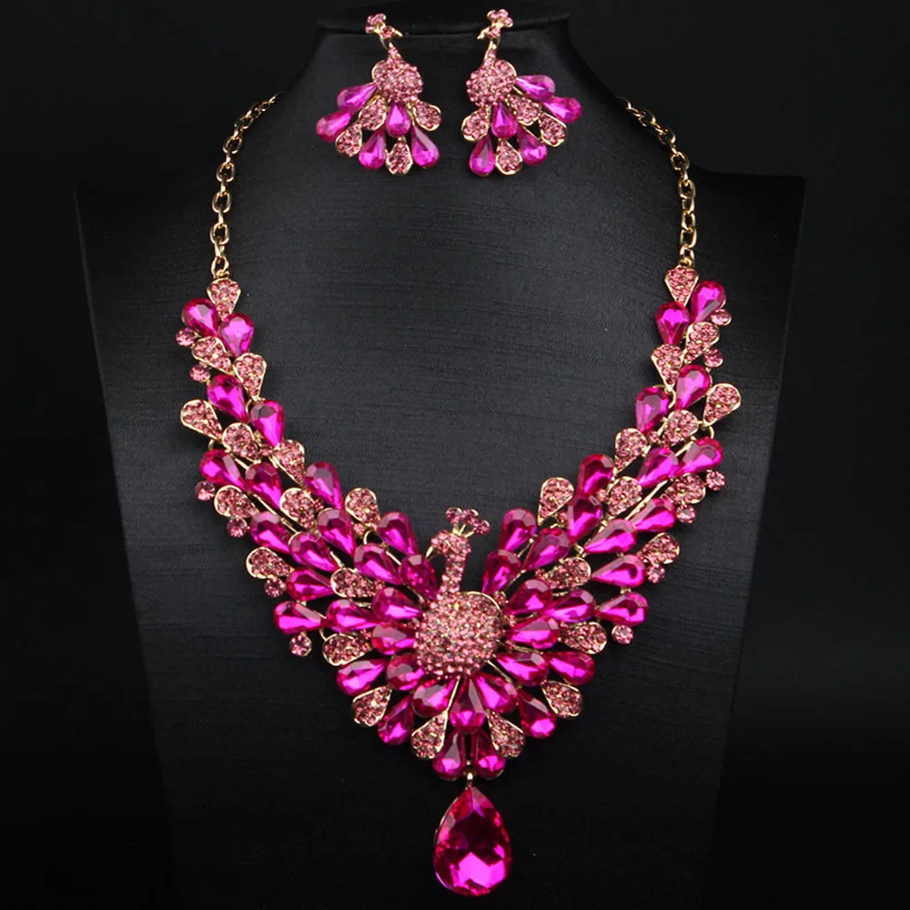 

DIY accessories Cross-border e-commerce, the new 7-color full-diamond super-flash peacock necklace earrings set femininity banqu