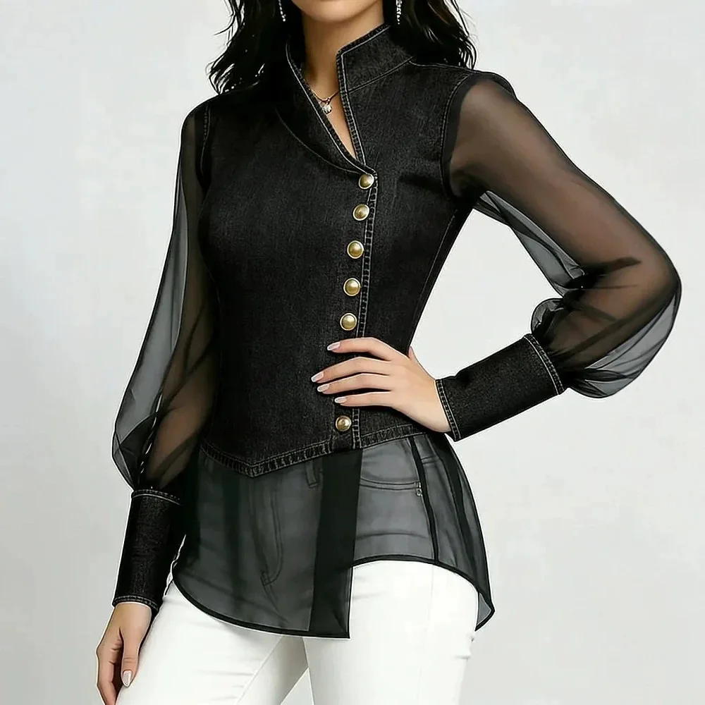 

Spring New Chiffon Spliced ​​long-sleeved Women's Shirt Elegant Fashion Stand-up Collar Side Buttons Denim Shirt Female Tops2026