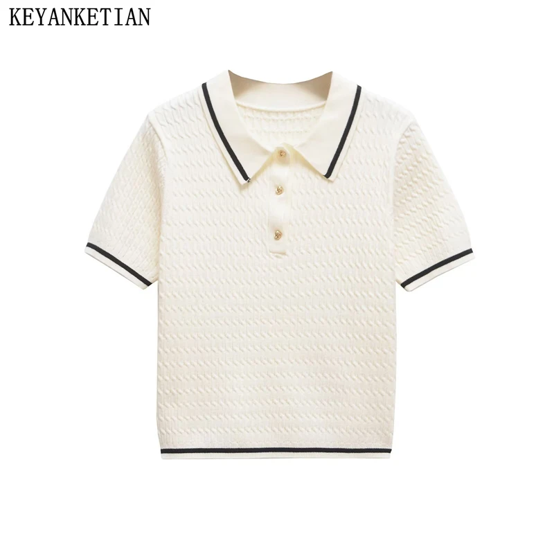 KEYANKETIAN 2026 Summer New Madam Preppy Style Cable Twisted Knit Polo Shirt Slim Fit Cropped Contrast Trim Short Sleeve Top