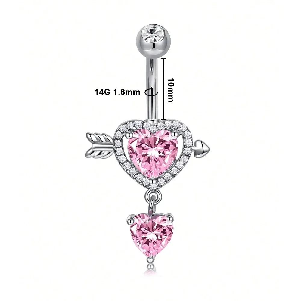 1pc 14G Pink Dangle Belly Ring Y2K Cute Belly Navel Piercing Jewelry,Wing Heart Butterfly CZ Belly Button Ring For Woman