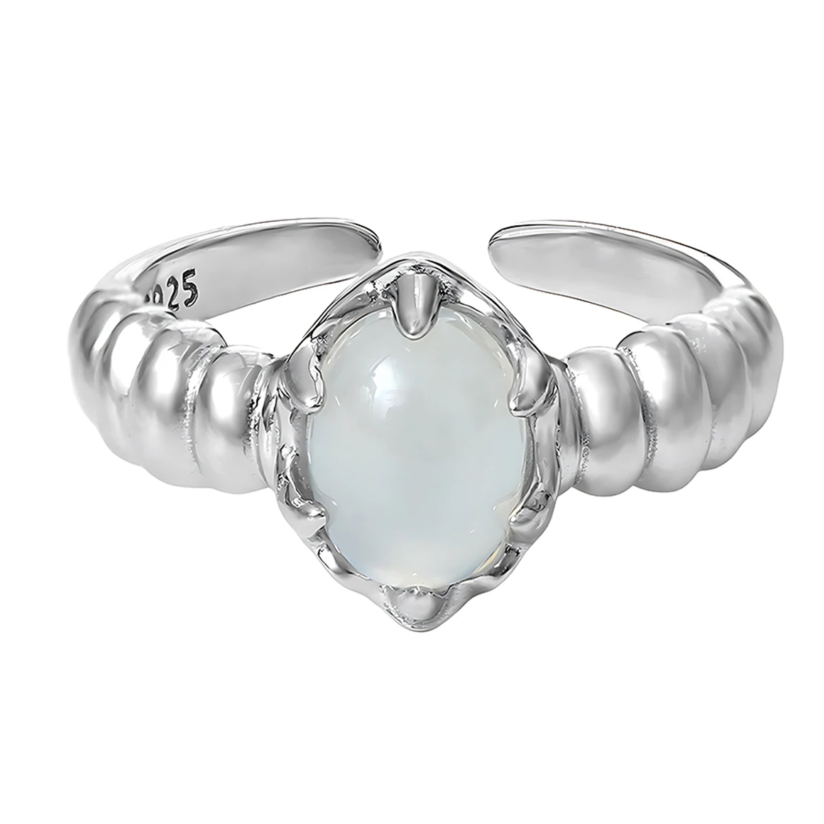 

Niche Original Design Premium Light Luxury Wavy Inlay White Agate S925 Sterling Silver Open Ring for Women
