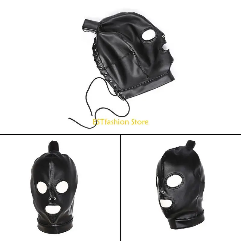 Y5GC Faux Leather Volledig gezicht Hoofddekselmasker BDSM Hood met pruik volwassen seksspeeltjes