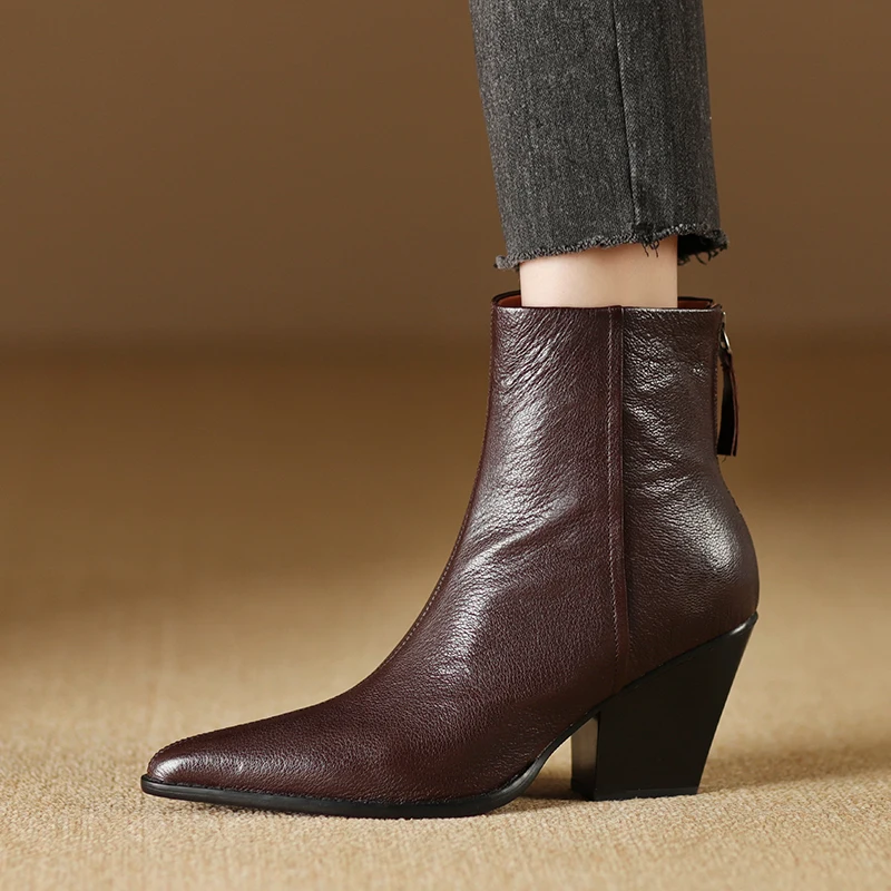 

Women's Genuine Leather Pointed Toe Ankle Boots with Heels Female Brown Chealse booties Woman Trends 2026 on Offer Footwear