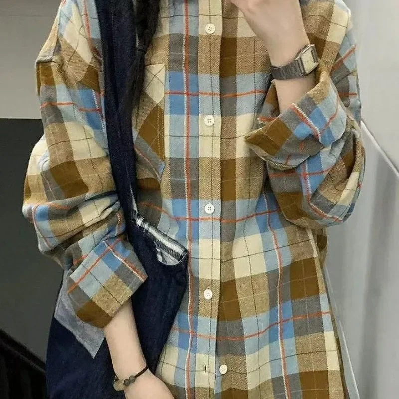 EBAIHUI Ladies Green Plaid Shirt Summer Vintage Loose Daliy Long Sleeved Top Versatile Shirt Casual Couples Lapel Collar Clothes