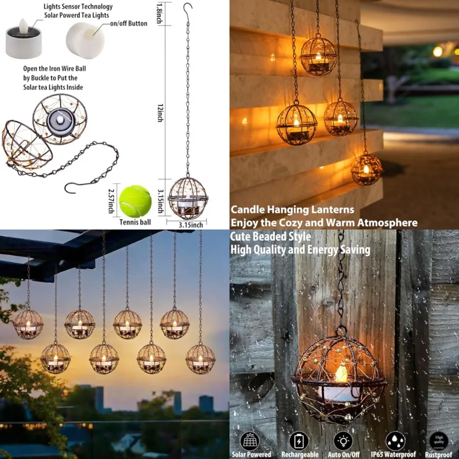 

Outdoor Solar Hanging Lanterns Waterproof, Globe Hanging Candle Holder with Flickering Solar Powered Tea Lights, Chargeable Cha