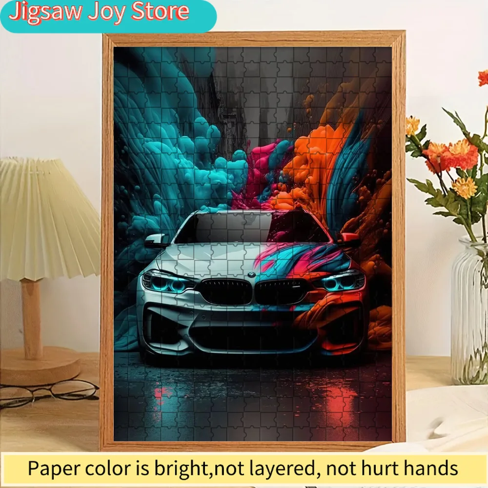 

Paper Jigsaw Puzzle Futuristic BMW Sports Car with Cyan & Orange Smoke Art Print Wall Decor Modern German Supercar Abstract Illu
