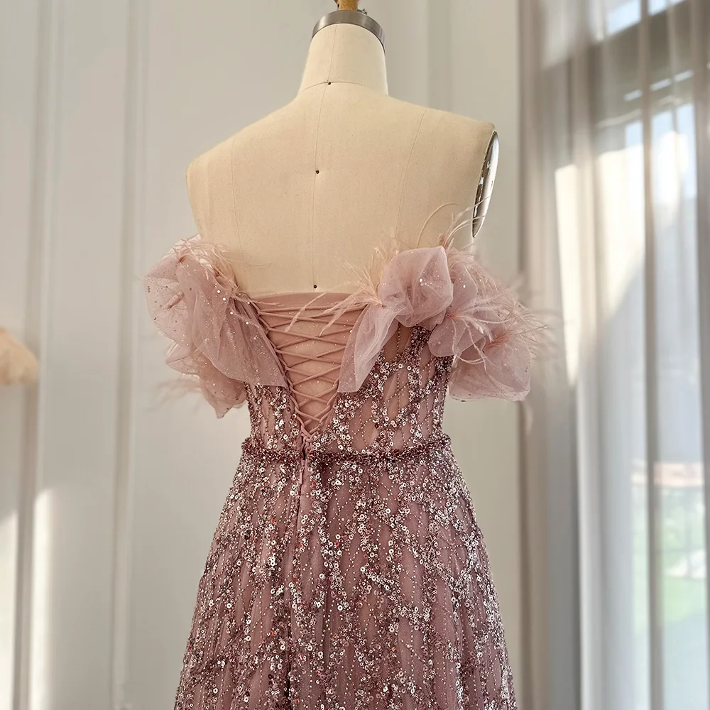 Sharon Said Abiti da sera di lusso con piume rosa Dubai Blu con spalle scoperte Abito da cerimonia nuziale formale da donna verde SS303 personalizzato