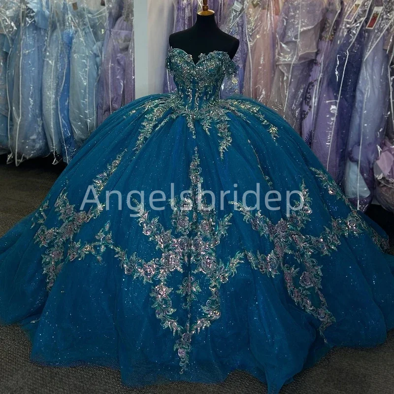 Angelsbride Blue Shiny Tulle Sequined Appliques Ball Gown Quinceanera Dresses Beading Vestido De 15 Anos Princess Party Dress