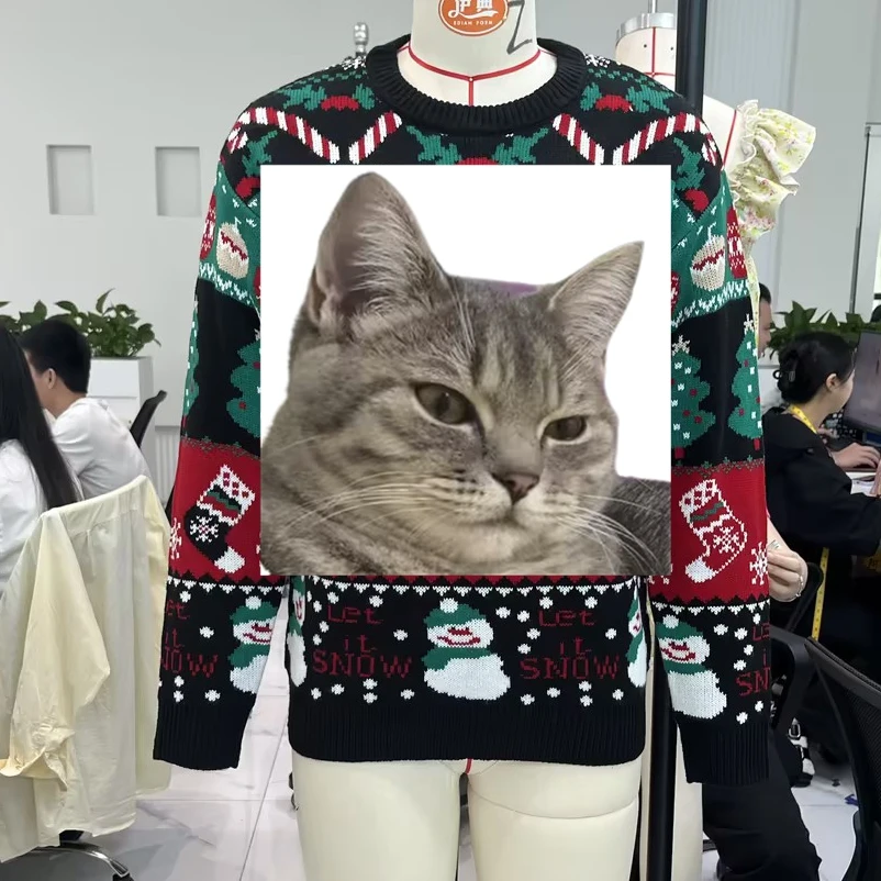 

Праздничная модель, женский свитер с рождественским принтом, облегающий вязаный забавный пуловер с заниженными плечами и длинными рукавами, круглым вырезом